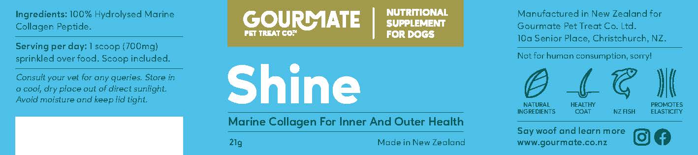 Gourmate Shine supplement for dogs with branding and product details.