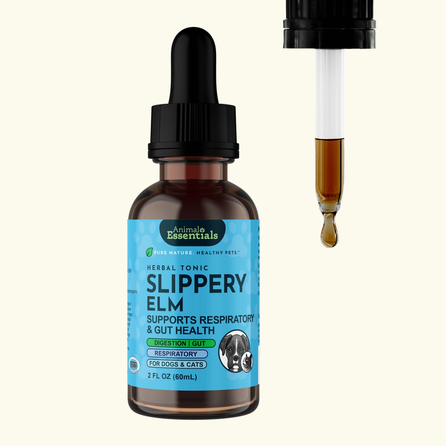 Bottle of Animal Essentials Slippery Elm 2 oz with dropper on a white background