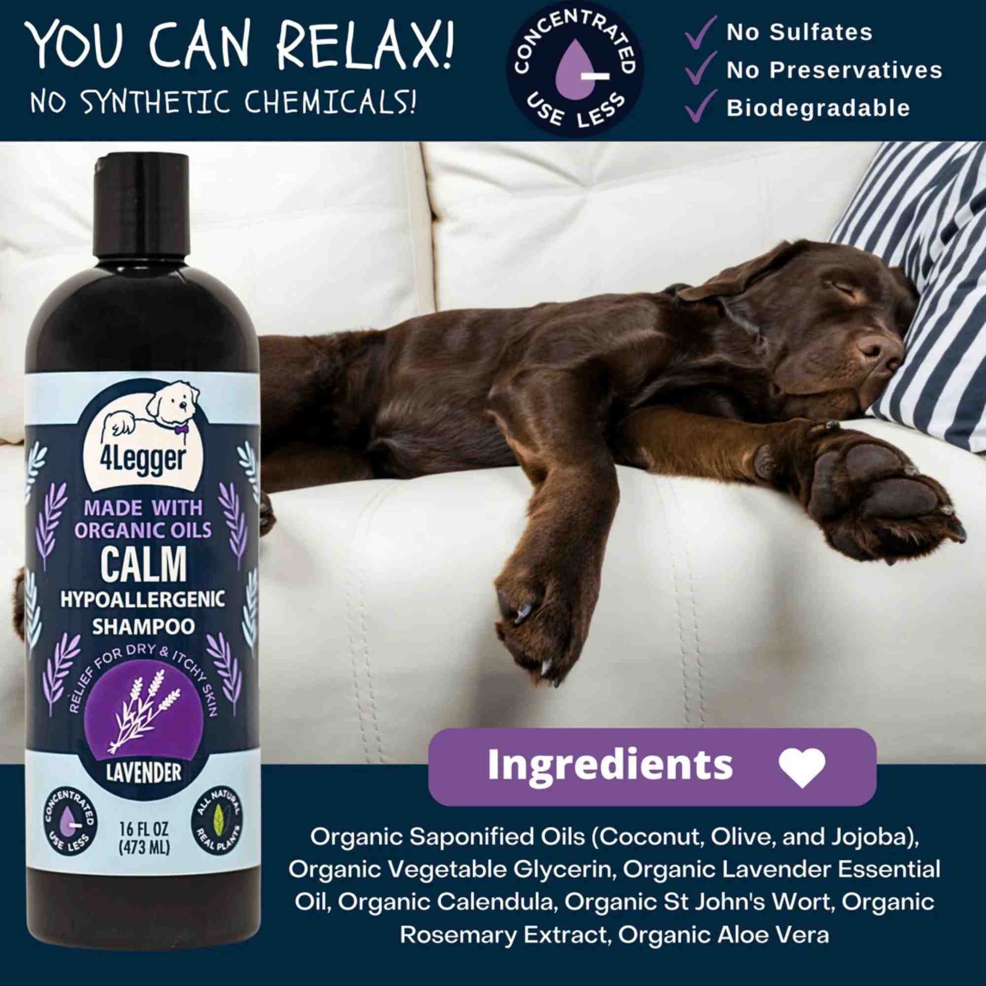Lavender and calendula dog shampoo bottle, 4Legger Calm 