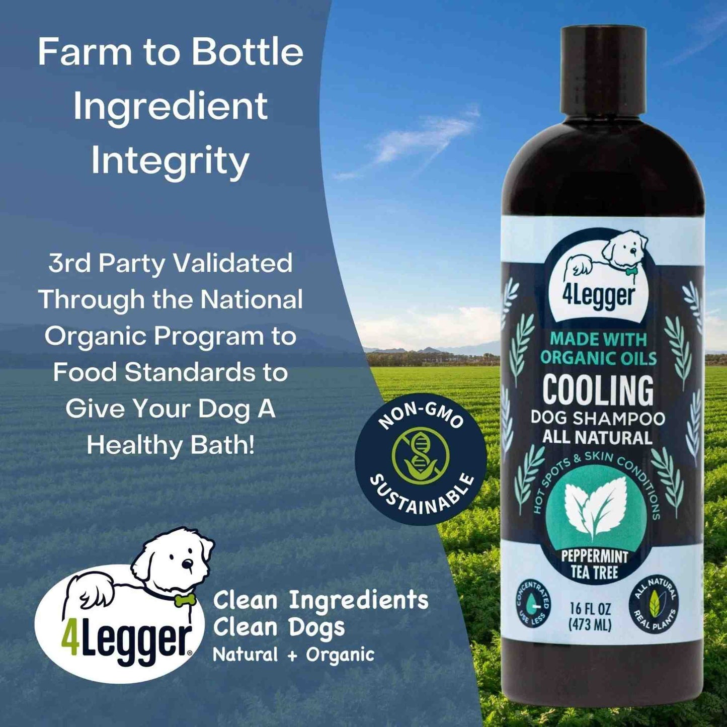 4-Legger certified organic, non-GMO cooling dog shampoo with tea tree oil