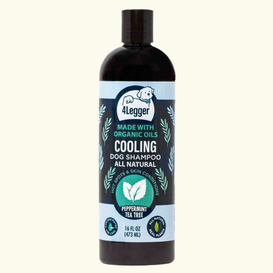 Front of 4-Legger cooling organic tea tree oil dog shampoo bottle