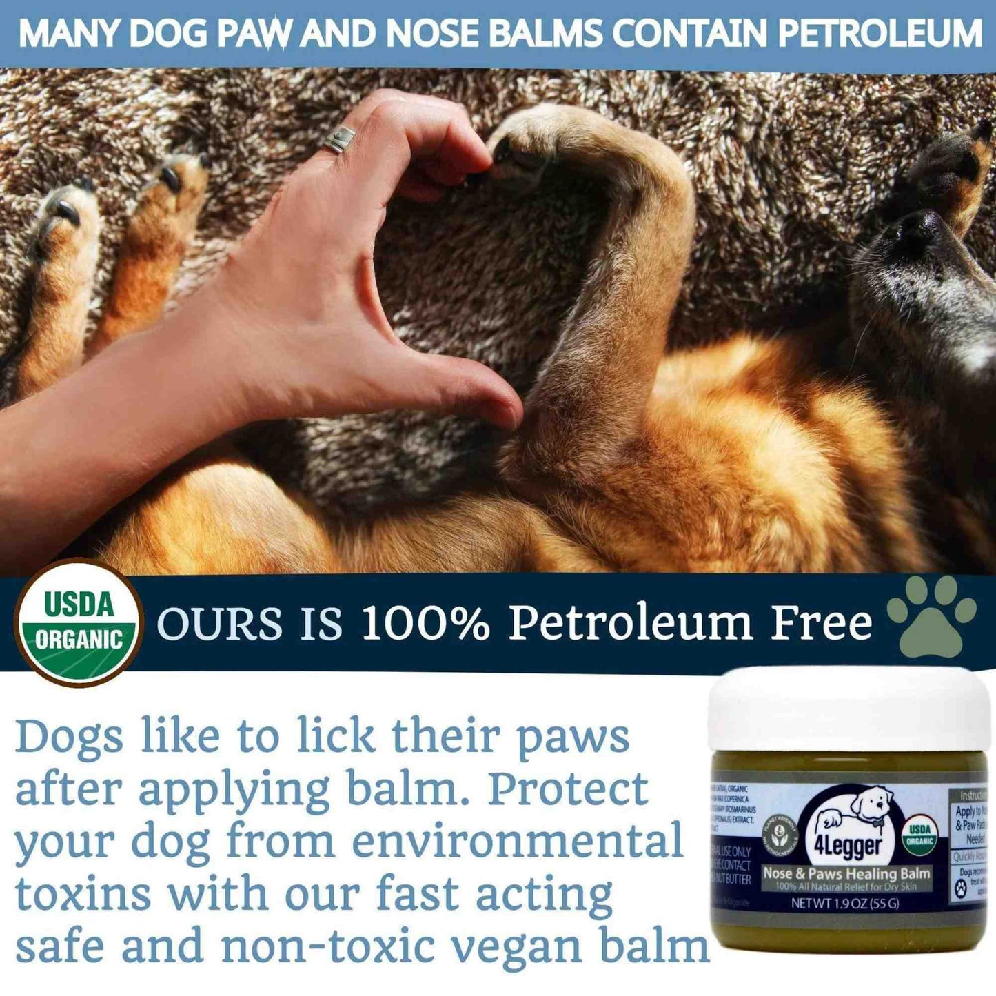 Petroleum free dog paw and nose balm, organic formula by 4-Legger