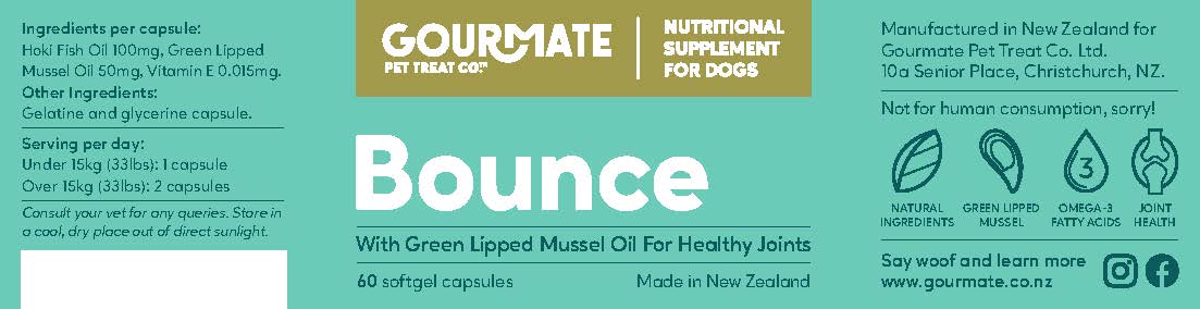 Gourmate Pet Treats Co. Bounce supplement label for dogs with green lipped mussel oil.