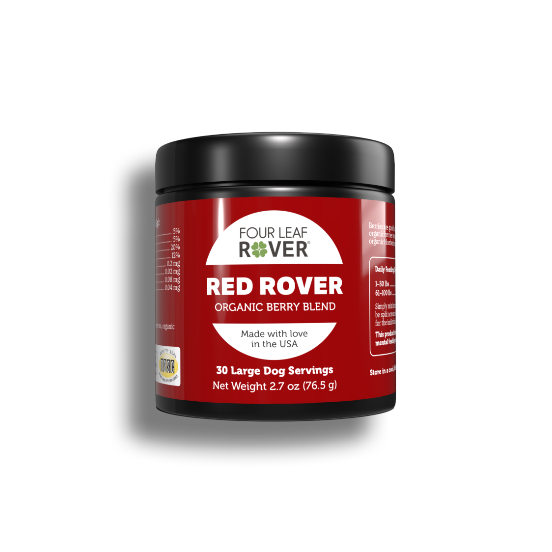 Red container of Four Leaf Rover Red Rover Organic Berry Blend on a white background