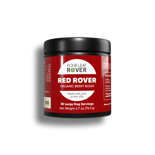 Red container of Four Leaf Rover Red Rover Organic Berry Blend on a white background