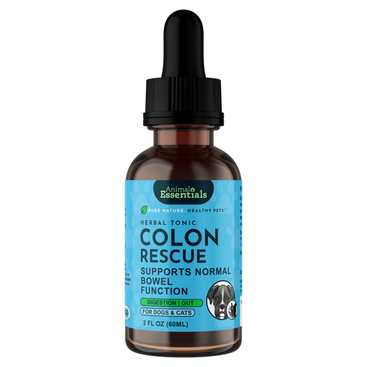 Bottle of Animal Essentials Colon Rescue tonic with a dropper on a white background