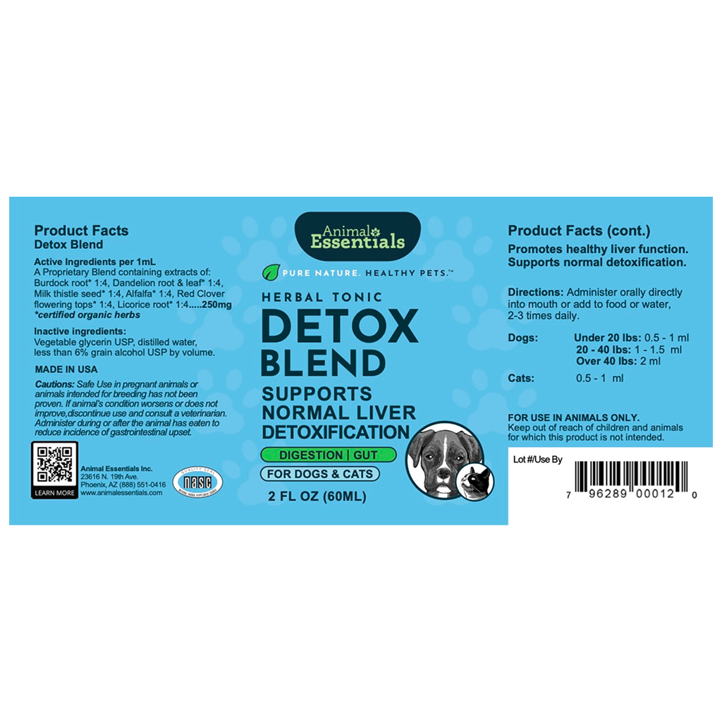 Label of Animal Essentials Herbal Tonic Detox Blend for dogs and cats on a white background