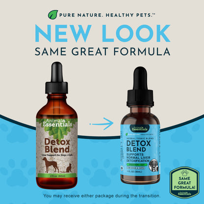 Two bottles of Animal Essentials Detox Blend with a 'New Look, Same Great Formula' text on a beige and blue background.