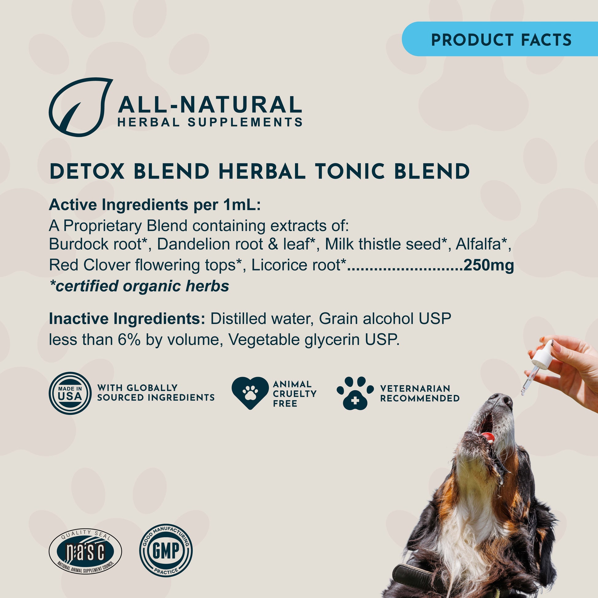 Product label for Animal Essentials Detox Blend with a dog and hand holding a dropper.
