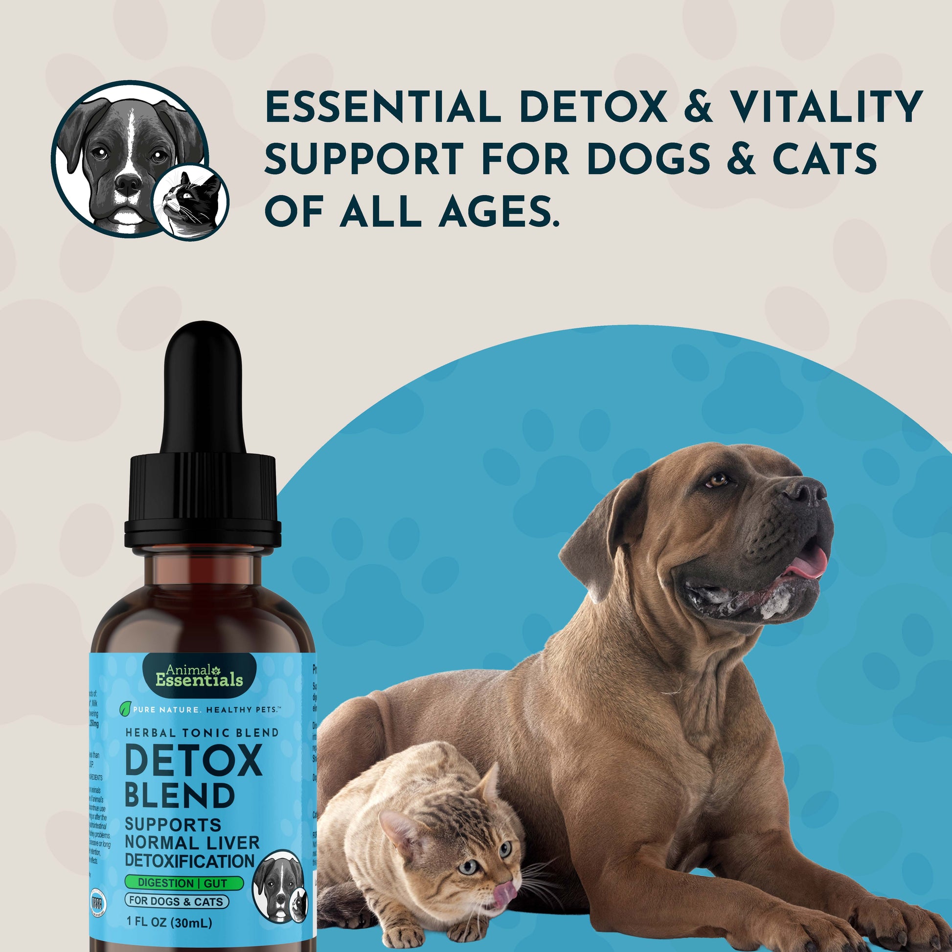 Animal Essentials Detox Blend bottle for dogs and cats with a dog and cat on a blue background