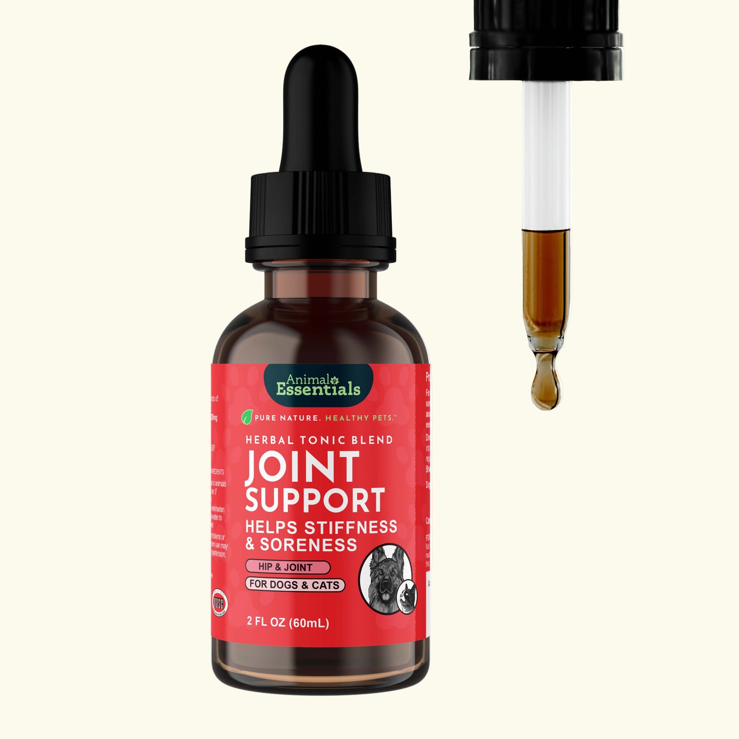 Bottle of Animal Essentials Joint Support supplement with dropper on a white background