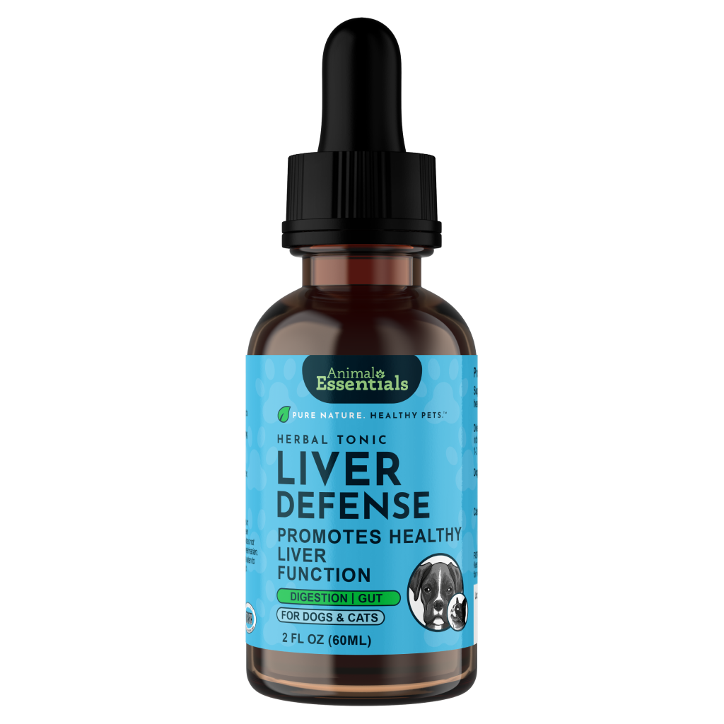Bottle of Animal Essentials Liver Defense tonic for dogs and cats on a white background