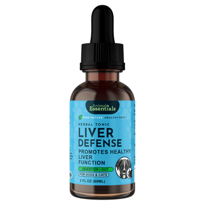 Bottle of Animal Essentials Liver Defense tonic for dogs and cats on a white background