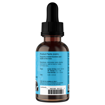 Liver Defense bottle with a dropper and blue label on a white background