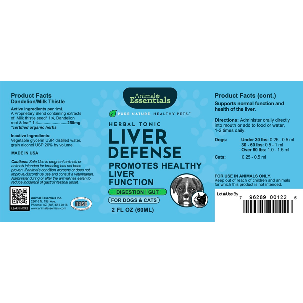 Label for Animal Essentials Liver Defense supplement for dogs and cats on a white background