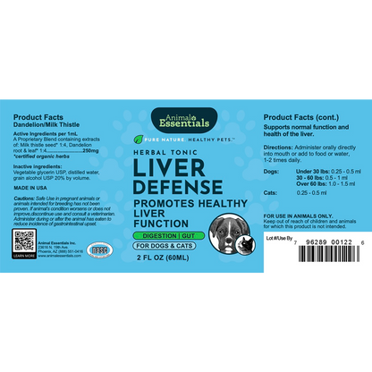 Label for Animal Essentials Liver Defense supplement for dogs and cats on a white background