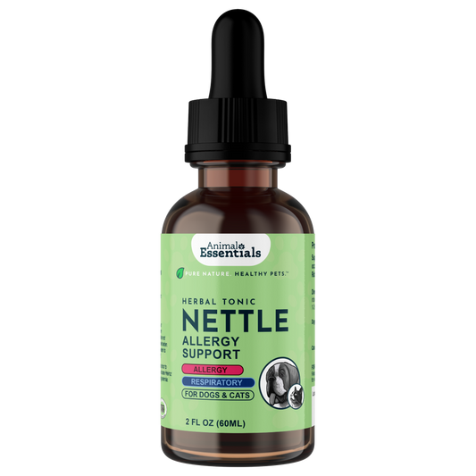 Bottle of Animal Essentials Nettle allergy support supplement for dogs and cats on a white background