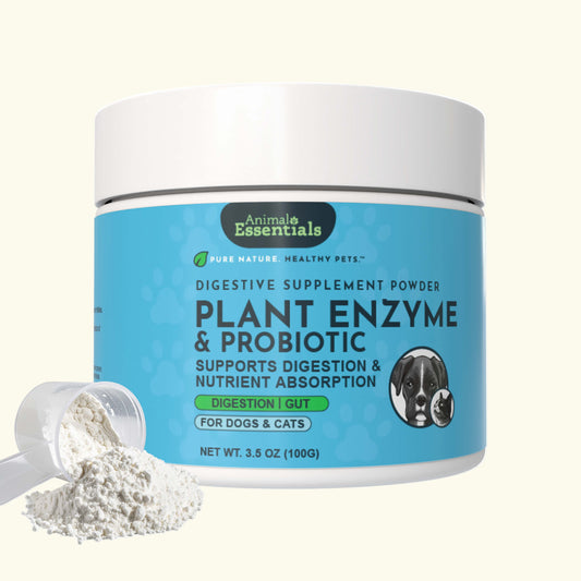 Container of Animal Essentials plant enzyme and probiotic supplement for pets on a white background