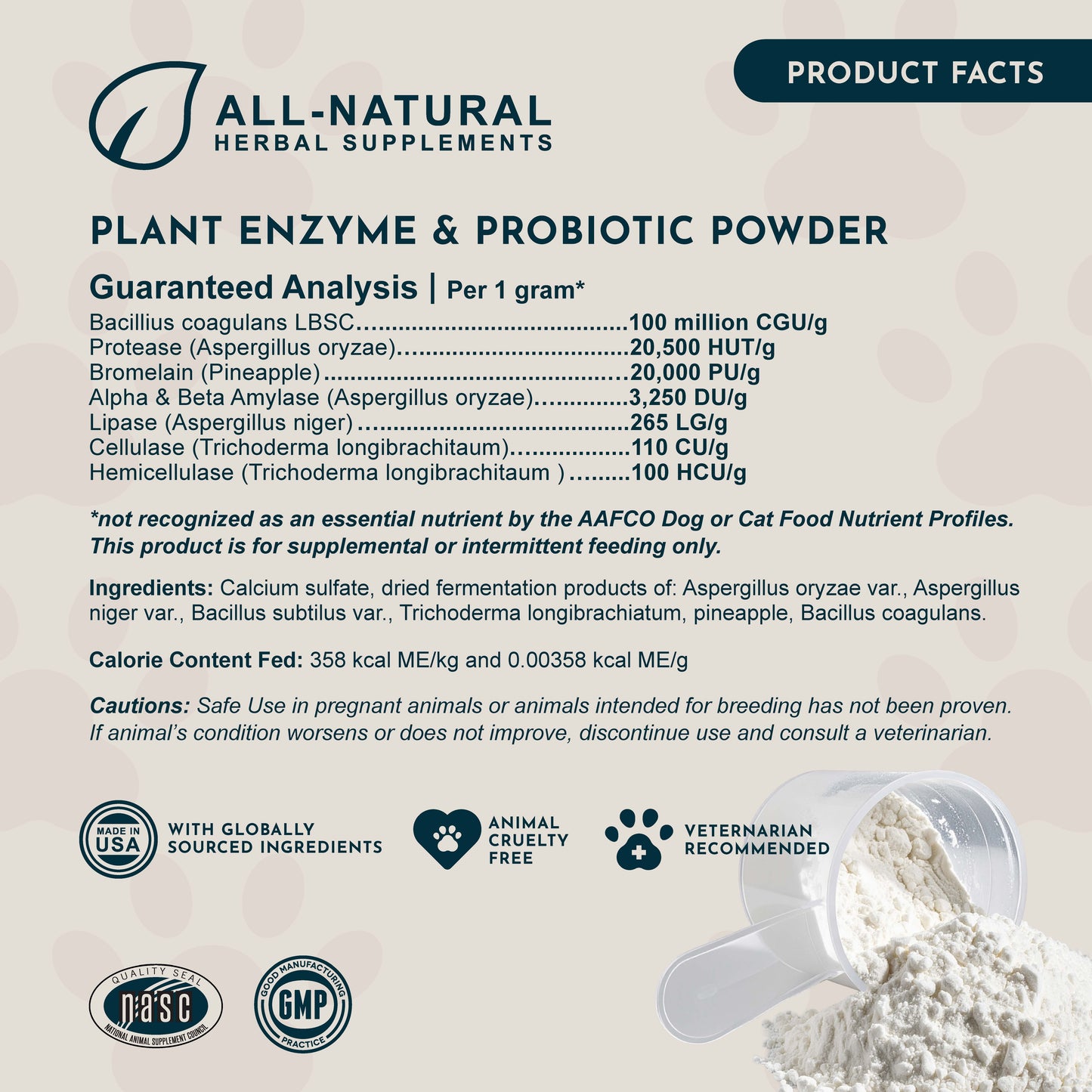 Product label for Animal Essentials Plant Enzyme & Probiotic Supplement powder with ingredients and certifications.