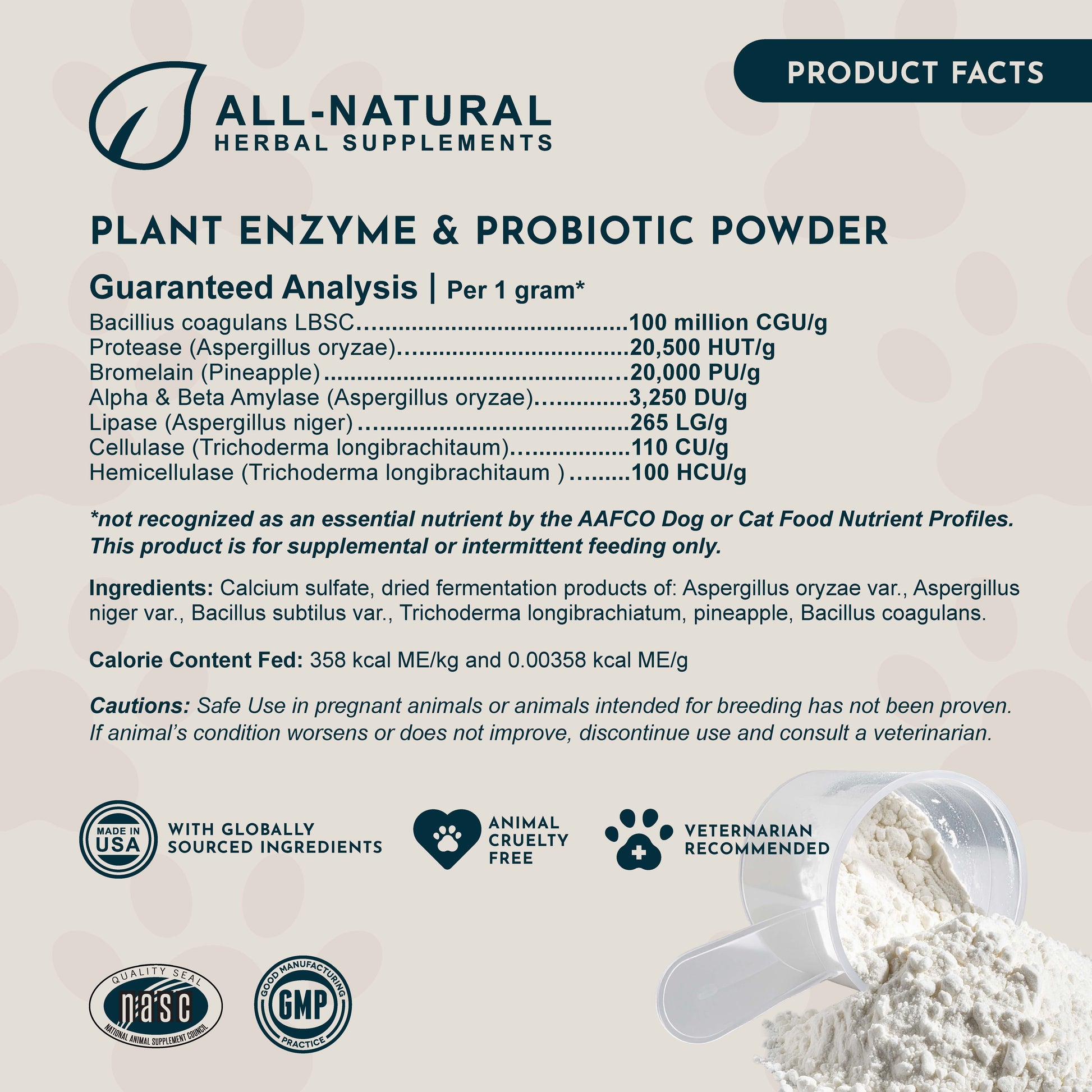Product label for Animal Essentials Plant Enzyme & Probiotic Supplement powder with ingredients and certifications.