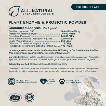 Product label for Animal Essentials Plant Enzyme & Probiotic Supplement powder with ingredients and certifications.