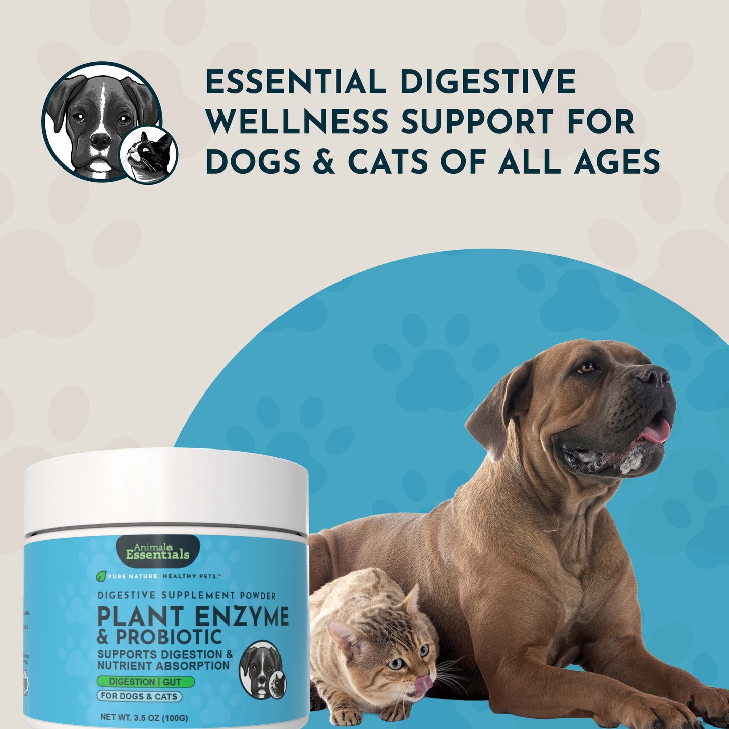 Animal Essentials Plant Enzyme & Probiotic Supplement jar for dogs and cats with a dog and cat on a blue background 
