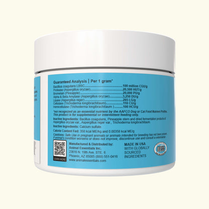 Back label of Animal Essentials Plant Enzyme & Probiotic Supplement container with text and a QR code on a white background