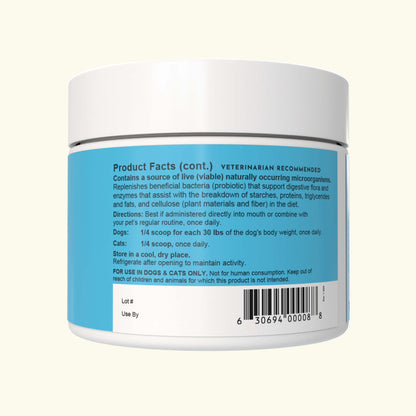 Back label of Animal Essentials Plant Enzyme & Probiotic Supplement 