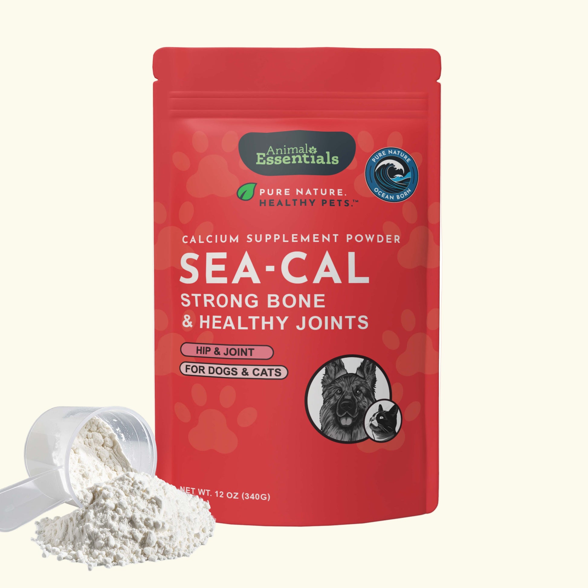 Red package of Animal Essentials Sea-Cal calcium supplement powder for pets with a scoop of powder on a white background