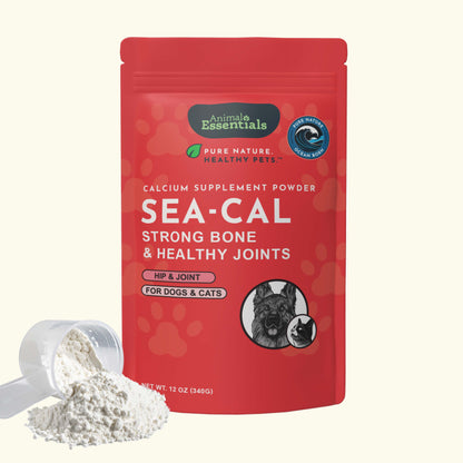 Red package of Animal Essentials Sea-Cal calcium supplement powder for pets with a scoop of powder on a white background