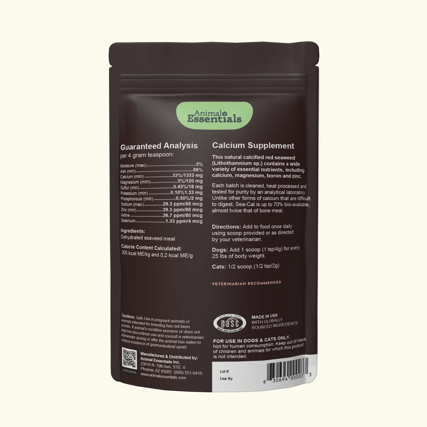 Back view of Animal Essentials Sea-Cal calcium supplement powder with green text on a white background