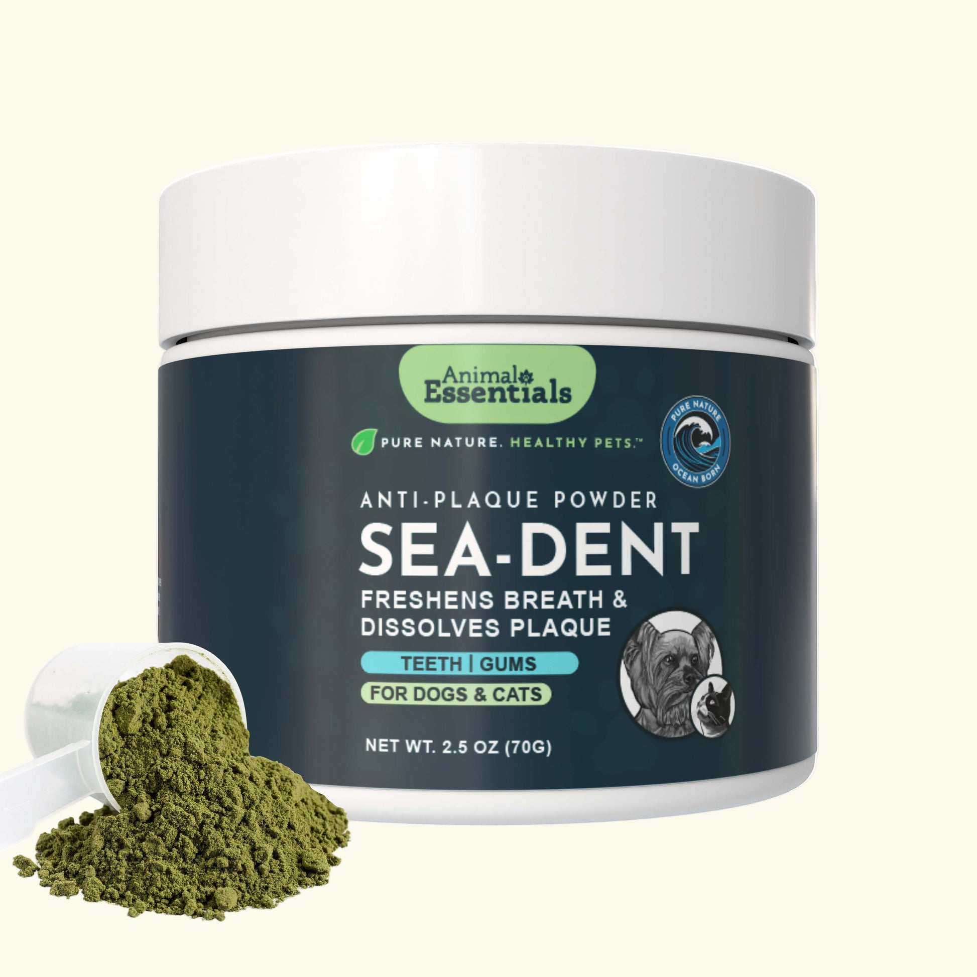 Container of Animal Essentials Sea-Dent anti-plaque powder for pets on a white background
