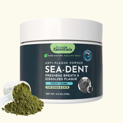 Container of Animal Essentials Sea-Dent anti-plaque powder for pets on a white background