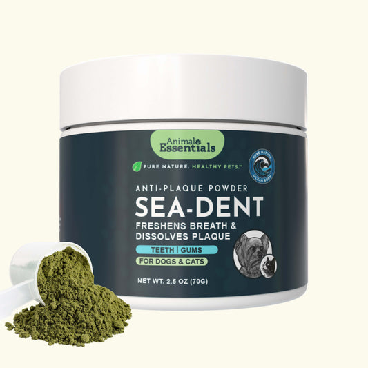 Container of Animal Essentials Sea-Dent anti-plaque powder for pets on a white background