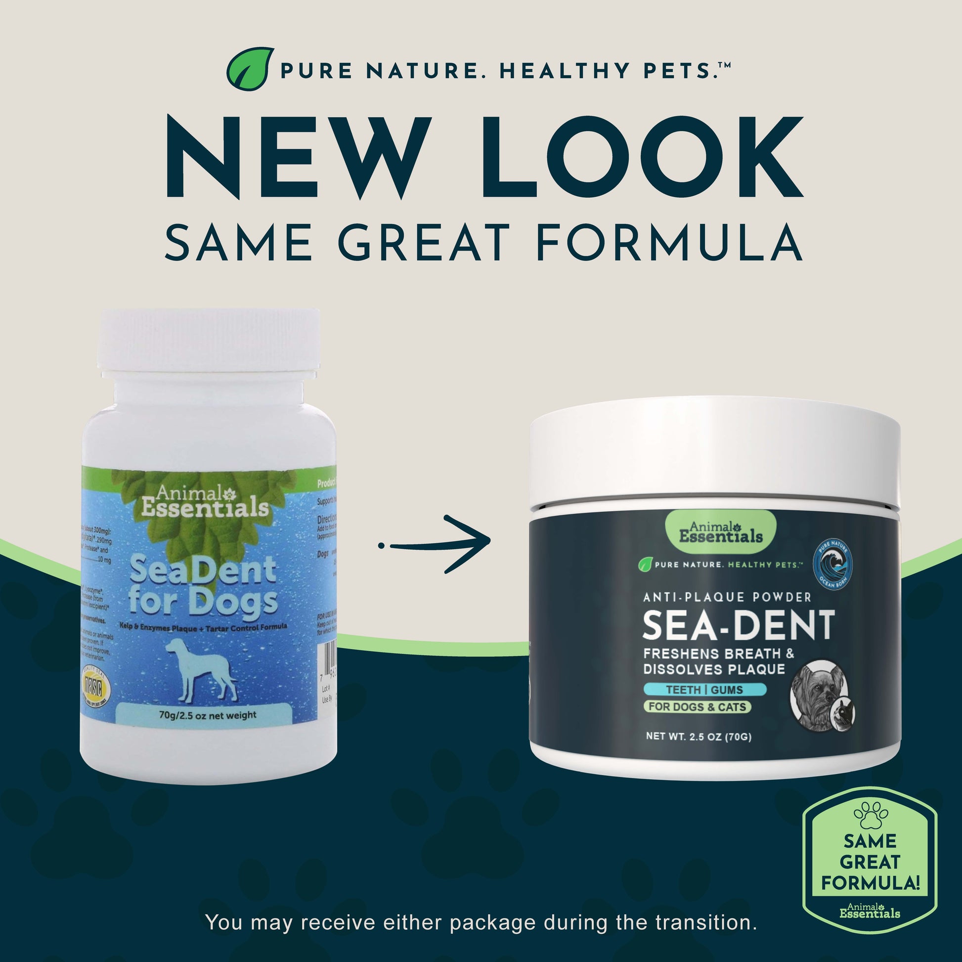 Two containers of Animal Essentials Sea-Dent anti-plaque powder for Dogs with text about a new look and same great formula.