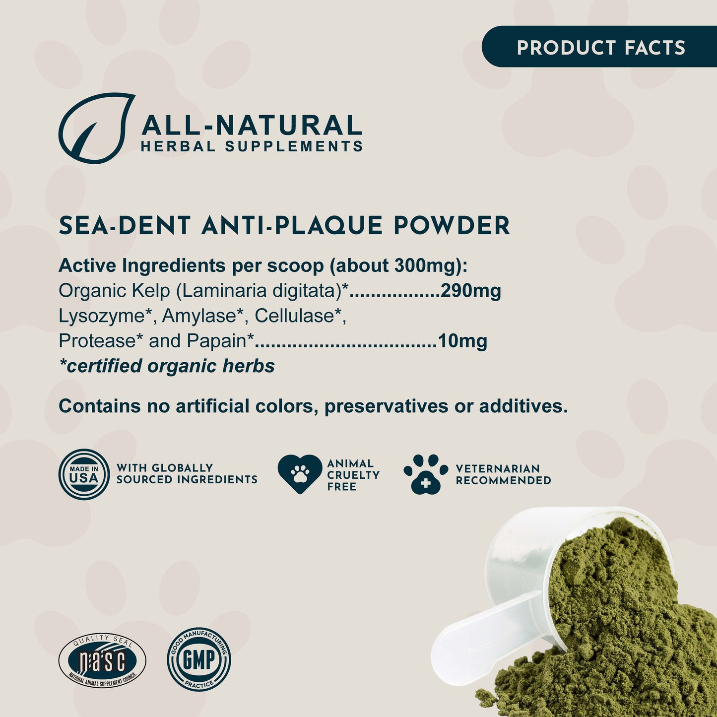 Product label for Animal Essentials Sea-Dent anti-plaque powder with ingredients and certification logos.