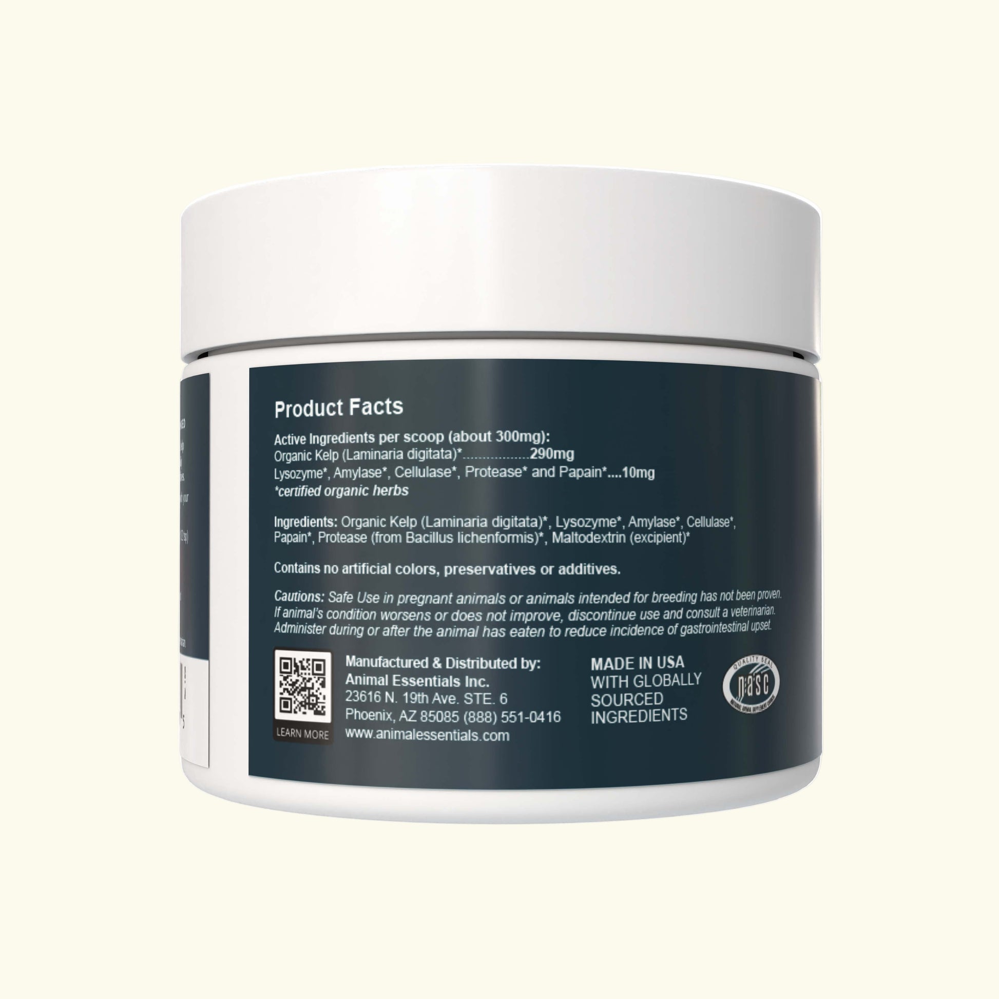Animal Essentials Sea-Dent anti-plaque powder container with product facts and branding information.