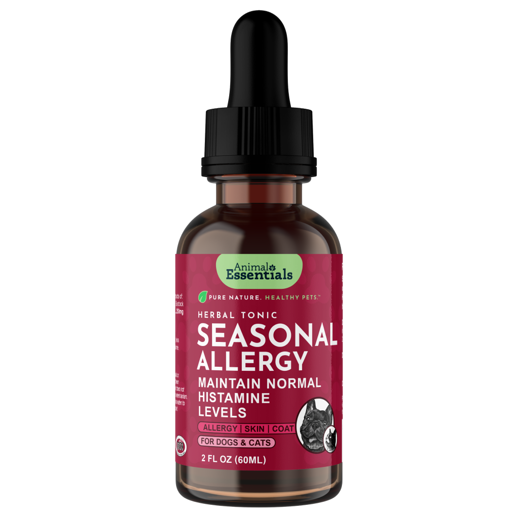 Bottle of Animal Essentials Seasonal Allergy tonic with a dropper on a white background