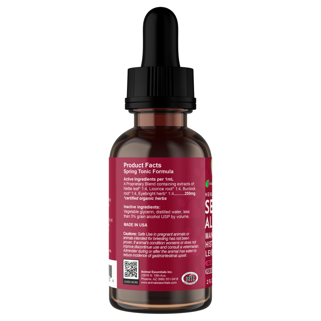 Bottle of AE Seasonal Allergy Tonic Formula with dropper on a white background
