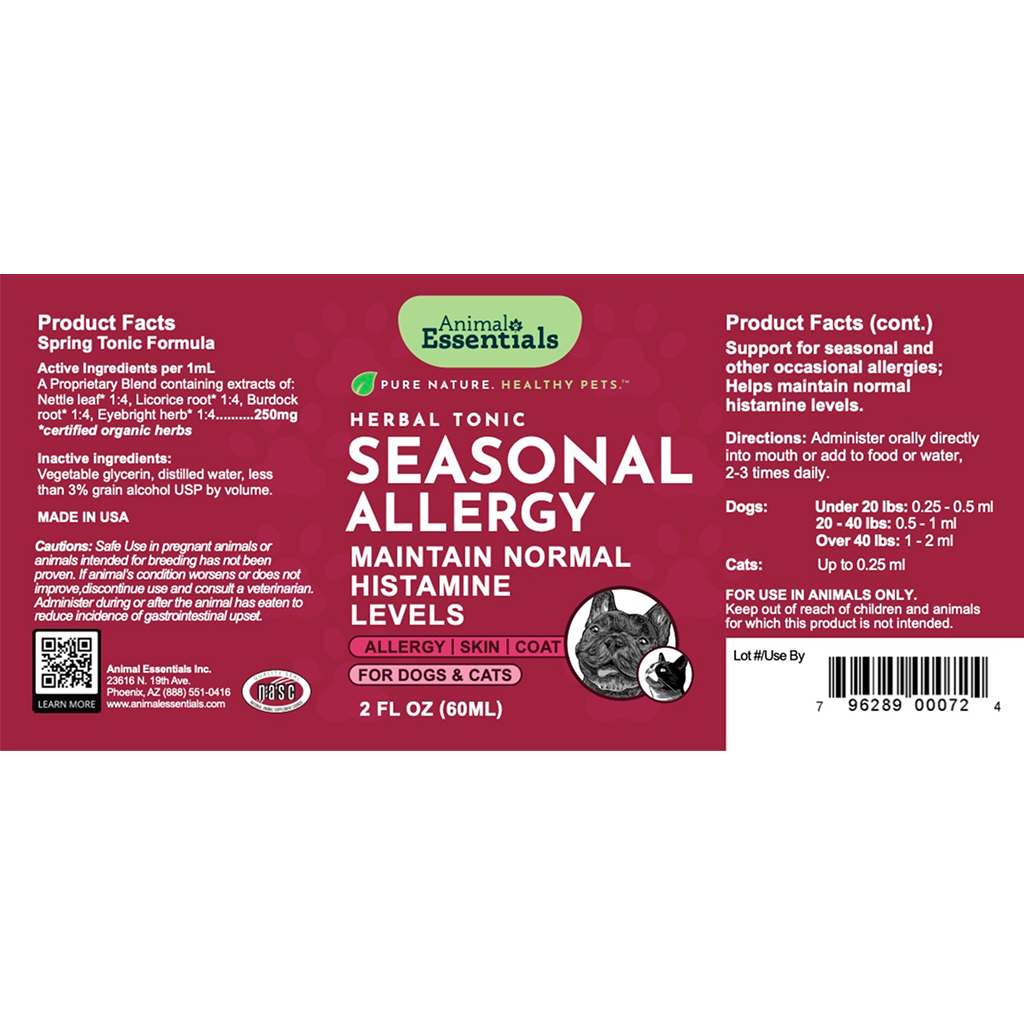 Label for Animal Essentials Herbal Tonic Seasonal Allergy supplement for dogs and cats on a white background.