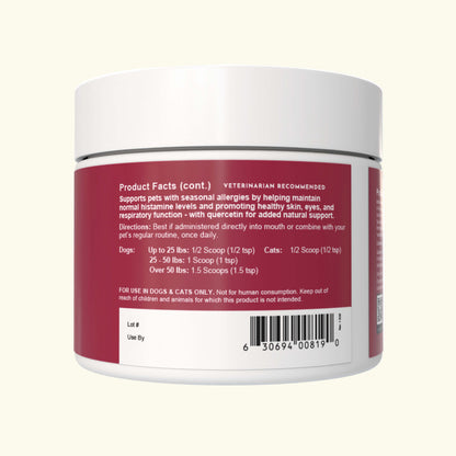 Animal Essentials Seasonal Allergy Powder Back label of a white container with red text on a white background