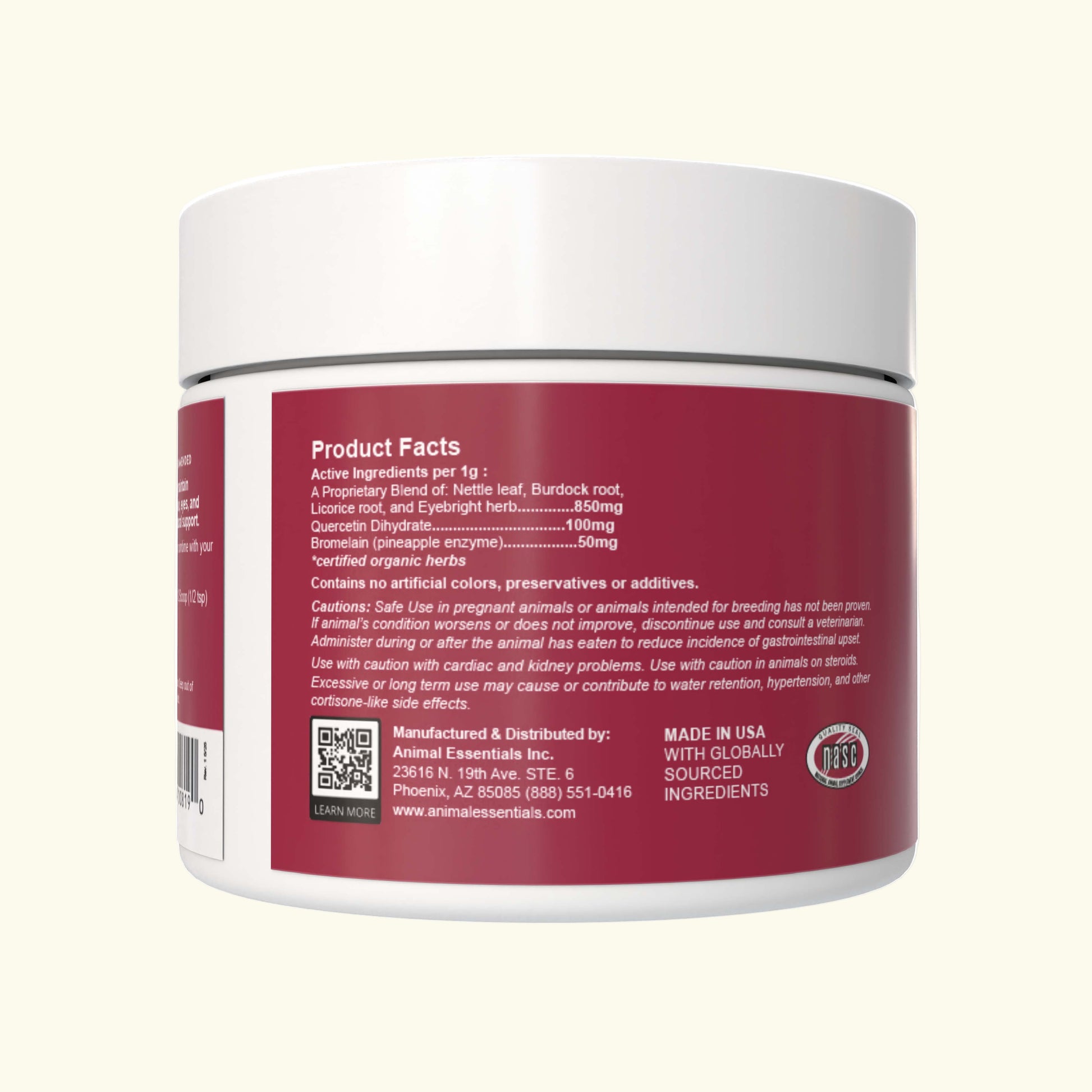 Back view of Animal Essentials Seasonal Allergy Powder jar with product facts label on a white background