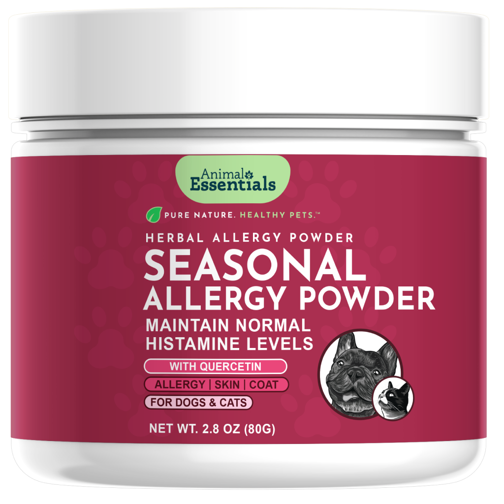 Jar of Animal Essentials Seasonal Allergy Powder for dogs and cats on a white background