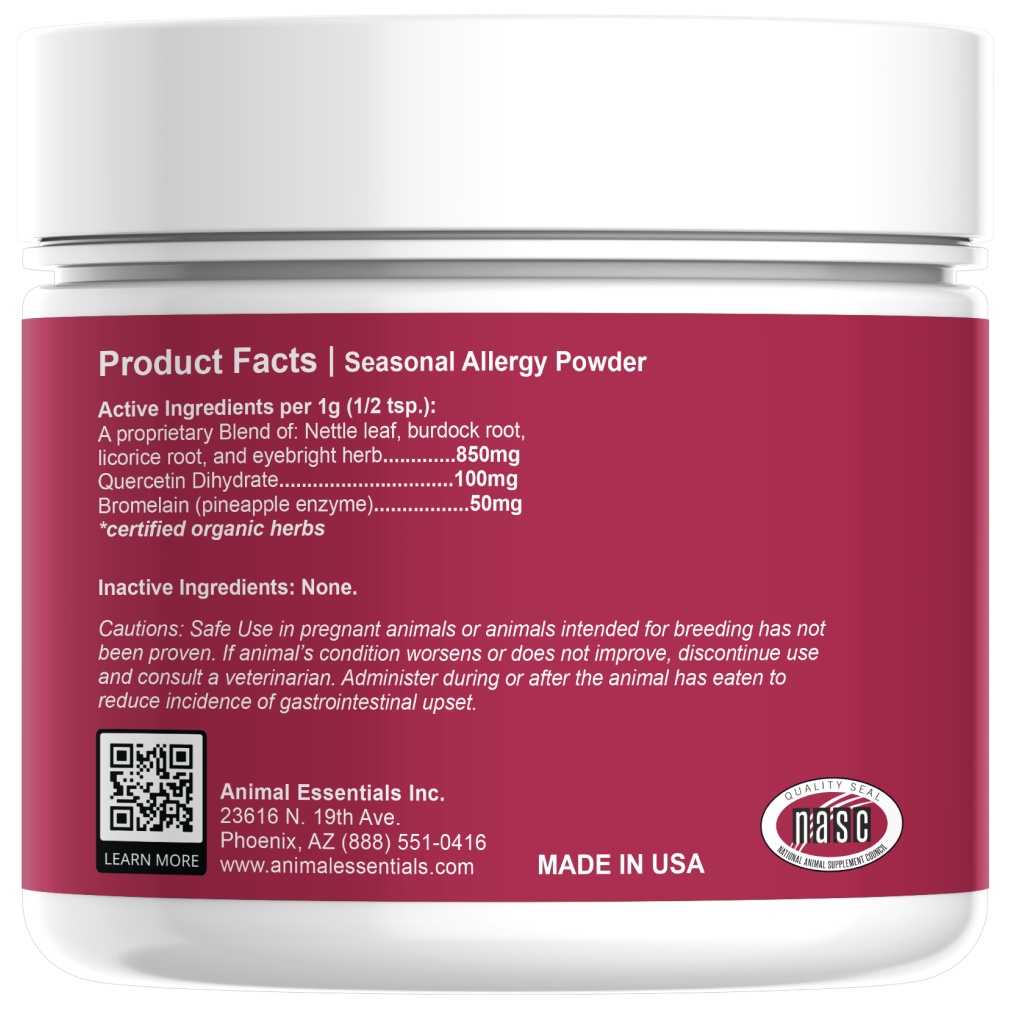 Back label of AE Seasonal Allergy Powder with product facts and branding on a white background