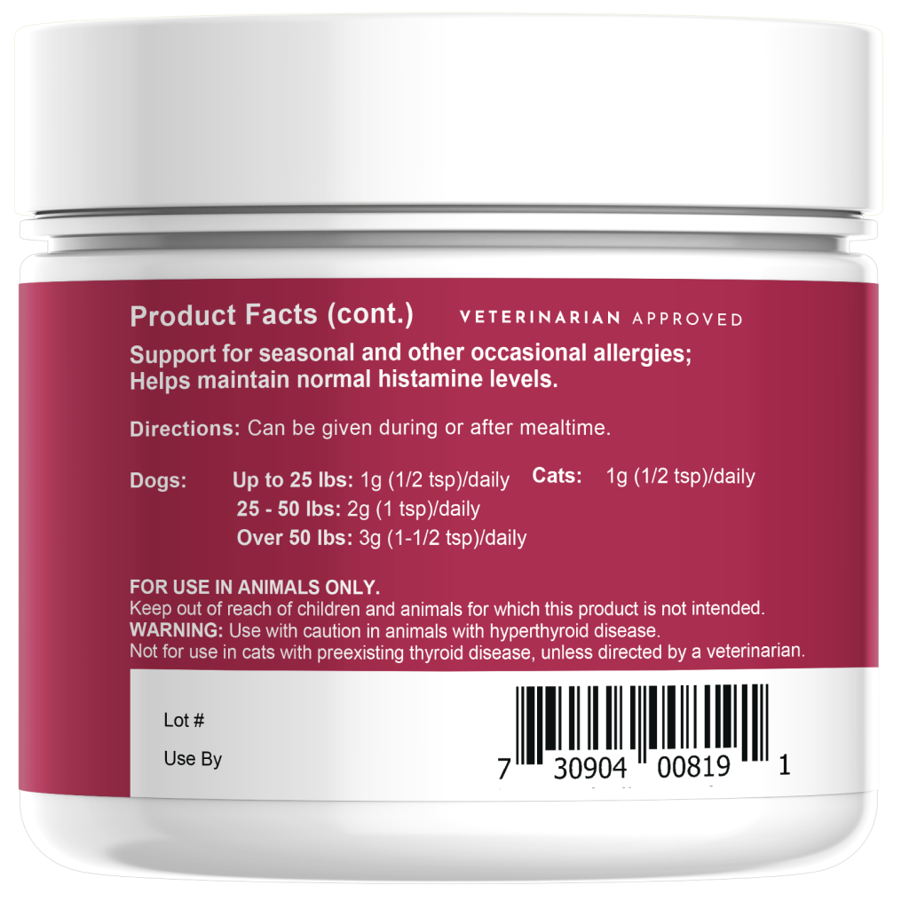 Back label of a AE Seasonal Allergy Powder with product facts and directions.