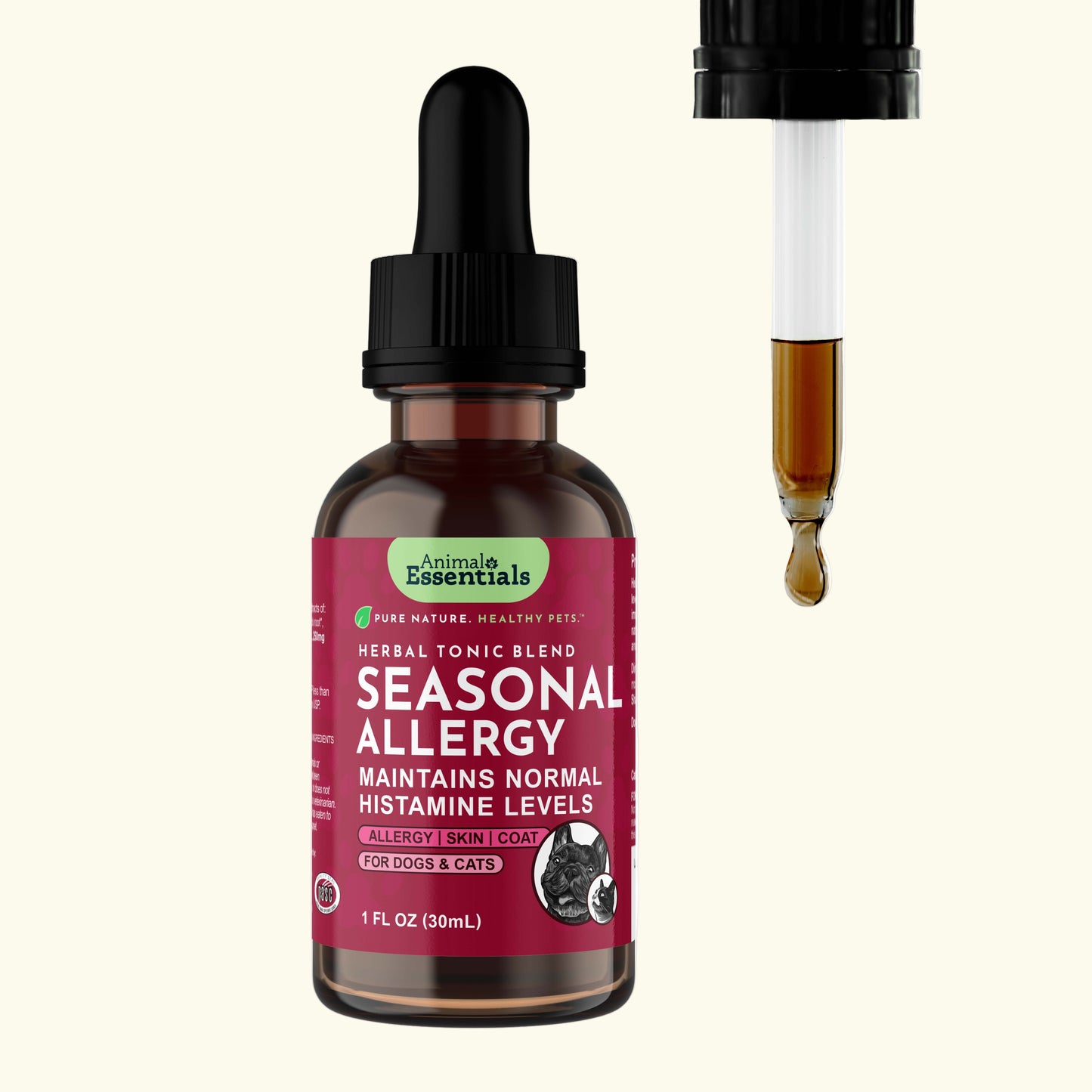Bottle of Animal Essentials Seasonal Allergy supplement with dropper on a white background