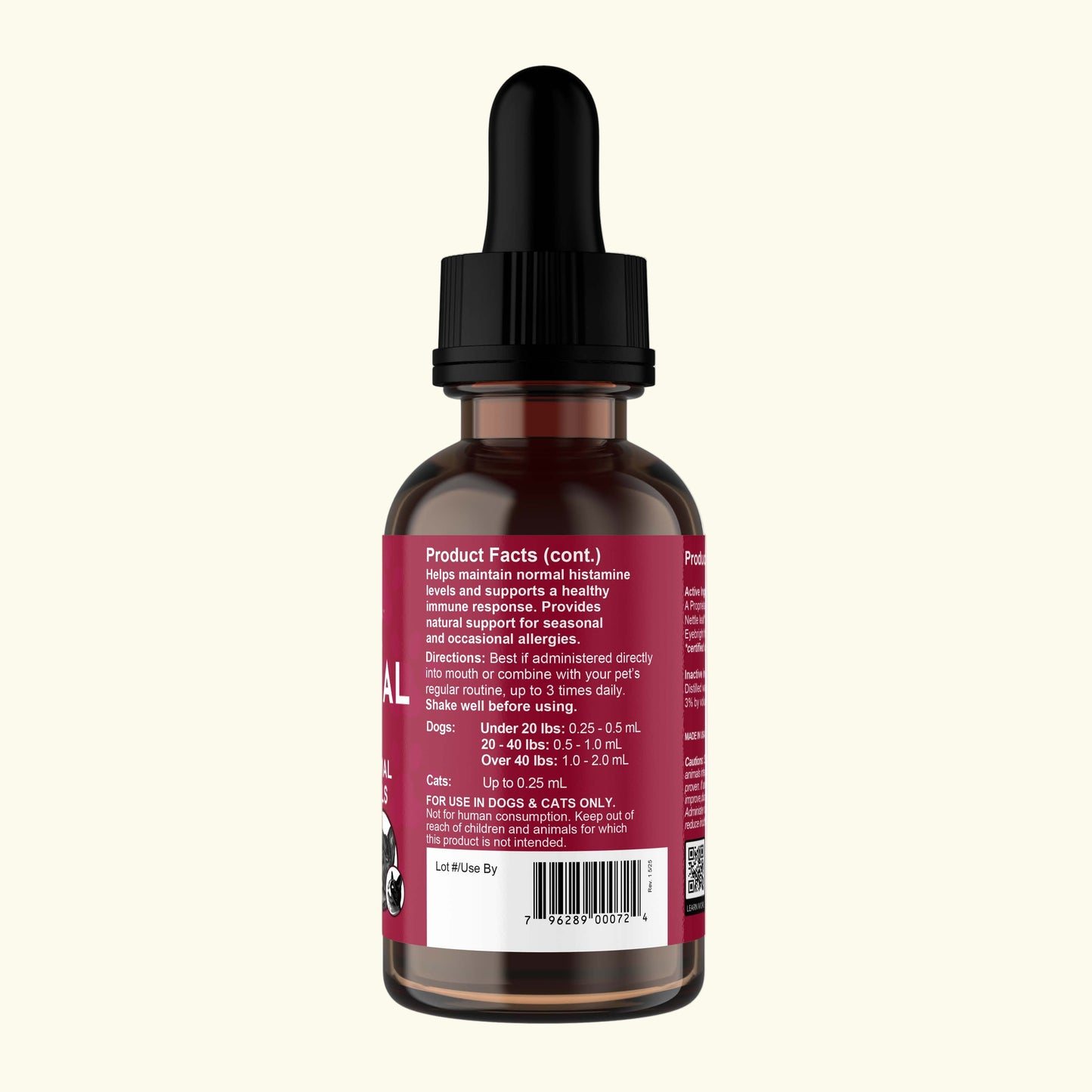 Animal Essentials Seasonal Allergy tonic Bottle with dropper and red label on a white background