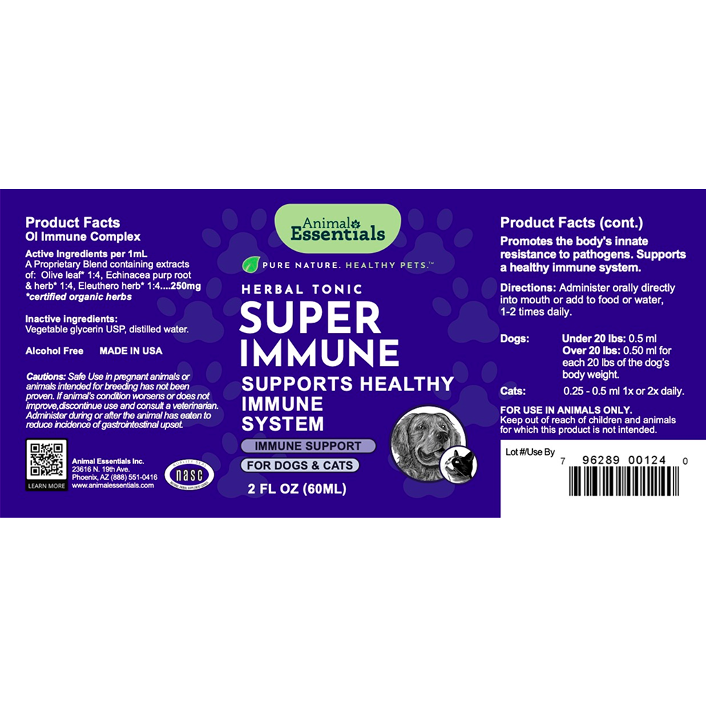Label of Animal Essentials Super Immune tonic for dogs and cats on a white background