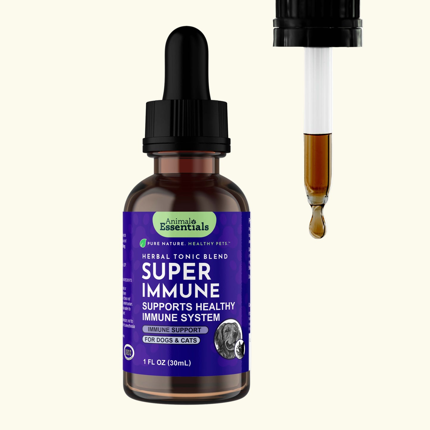 Bottle of Animal Essentials Super Immune supplement with dropper on a white background