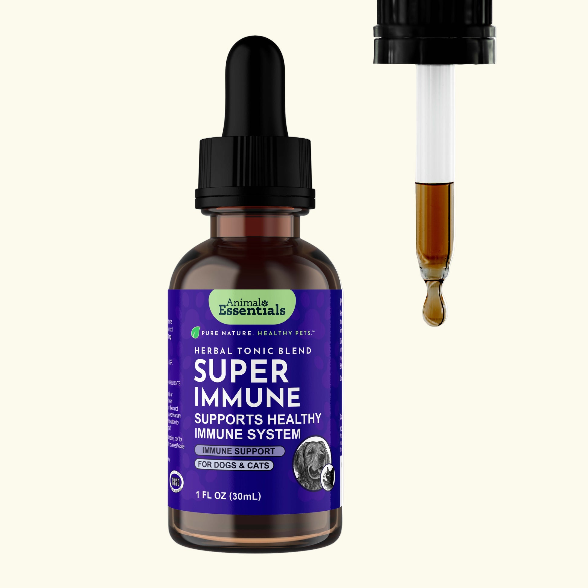 Bottle of Animal Essentials Super Immune supplement with dropper on a white background